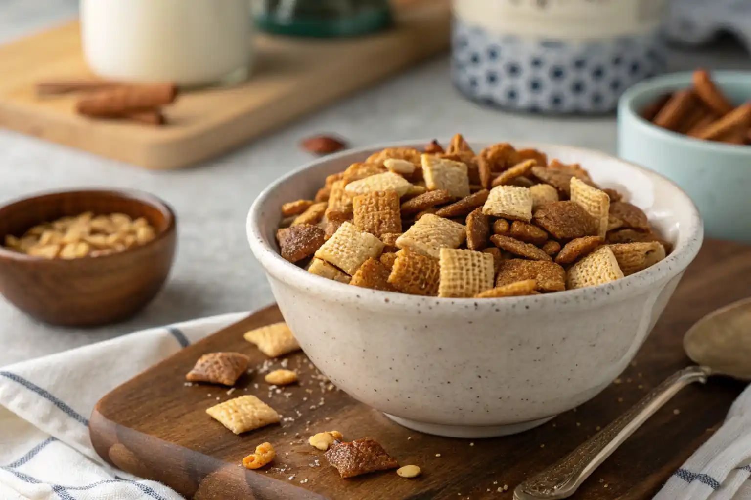 Crispy Chex mix spread out on a baking sheet