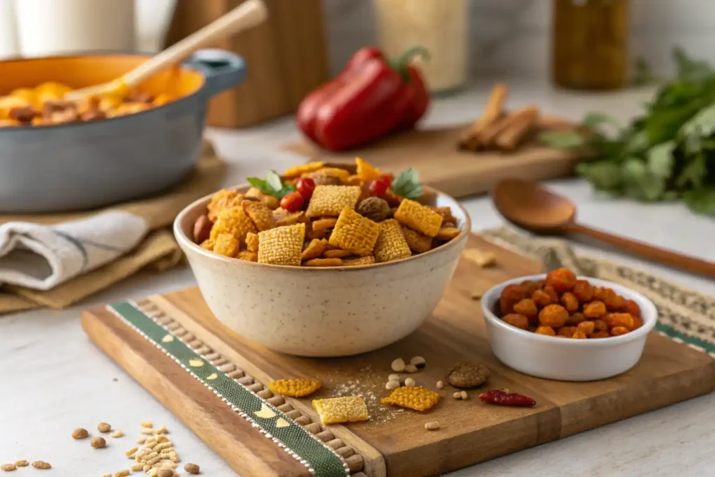 Bowl of Chex Mix with homemade seasoning