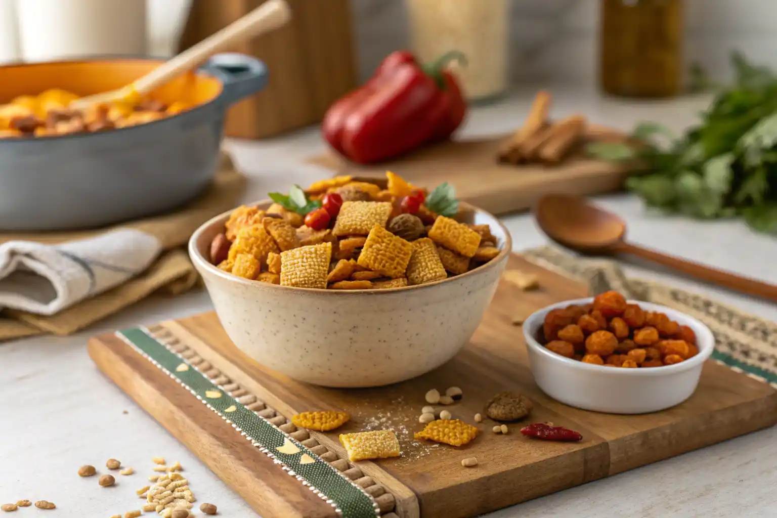 Bowl of Chex Mix with homemade seasoning