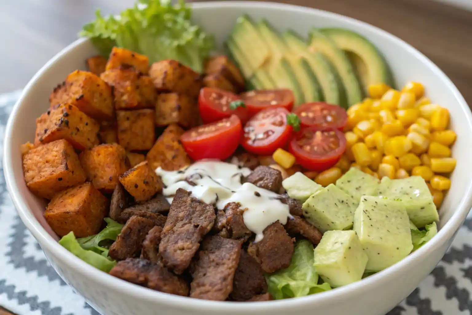 Burger bowl with beef patty, avocado, cheese, and fresh vegetables