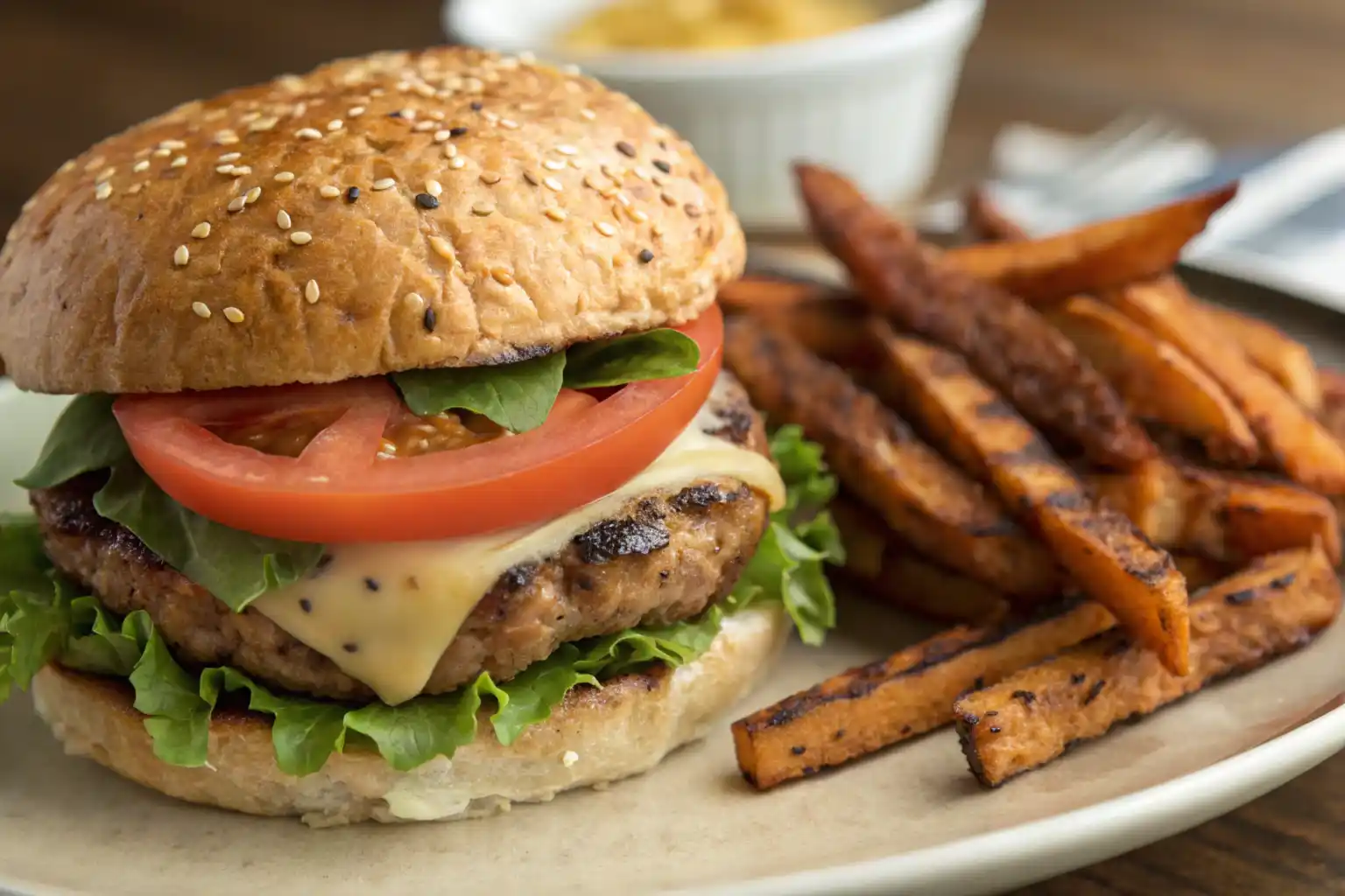 A healthy burger with leafy greens, tomato, and avocado wrapped in a lettuce leaf