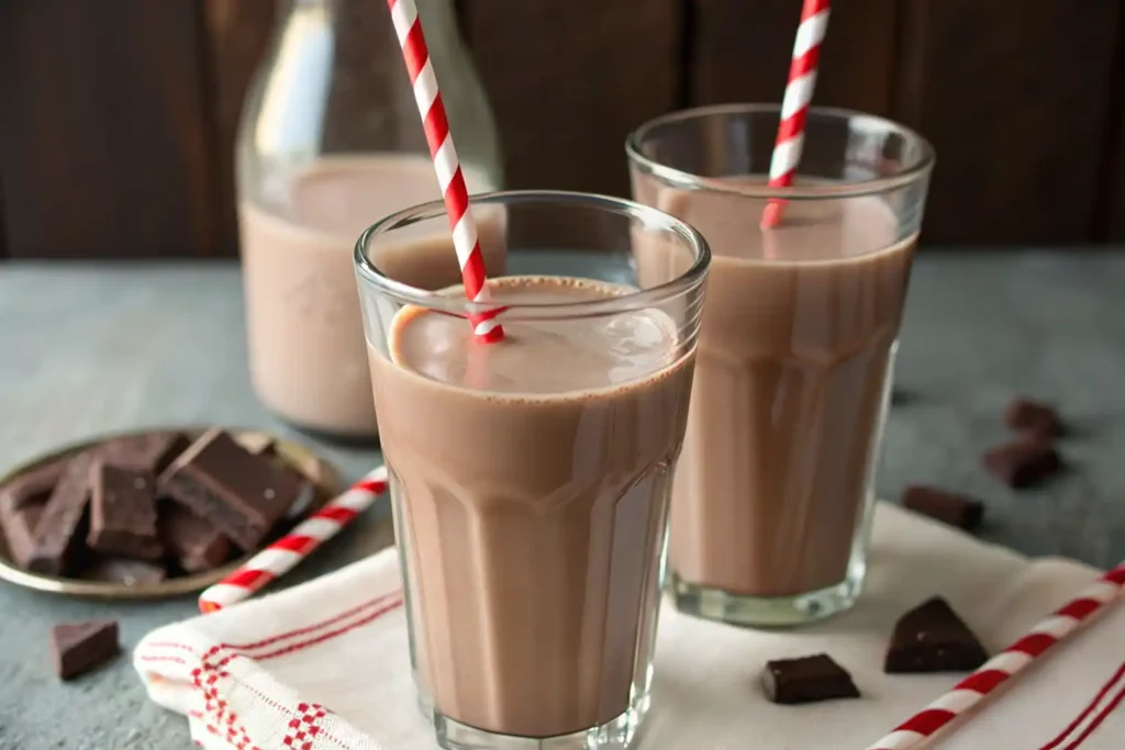 Chocolate milk with carrageenan on a kitchen counter