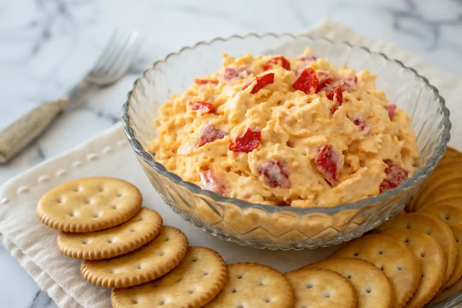 A creamy bowl of old fashioned pimento cheese garnished with fresh parsley and served with crackers