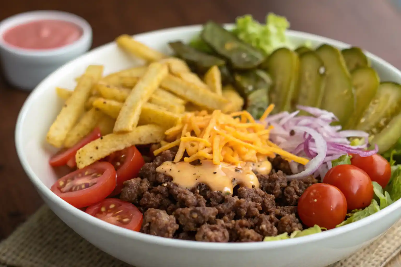 Burger bowl with lettuce, tomato, cheese, and ground beef patty