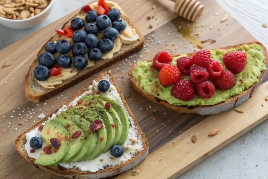 Fresh sourdough breakfast toast with various toppings what to put on sourdough for breakfast?