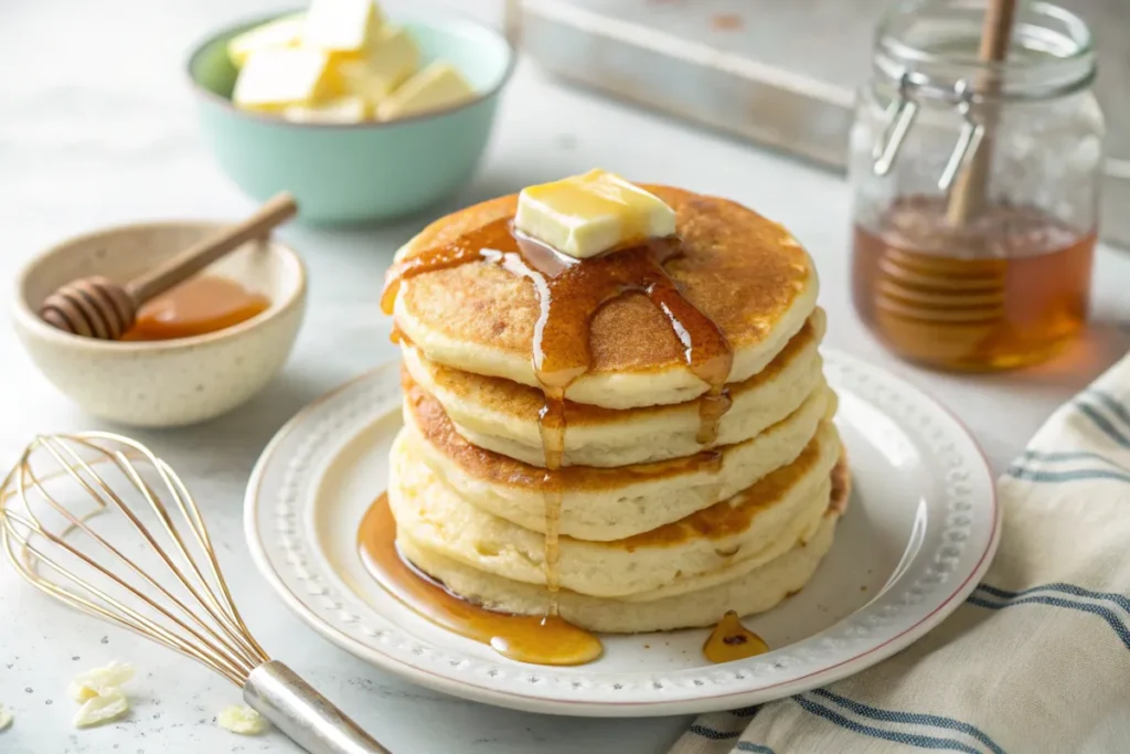 A stack of fluffy hotcakes served with syrup and butter, illustrating the difference between hotcake and pancake mix.