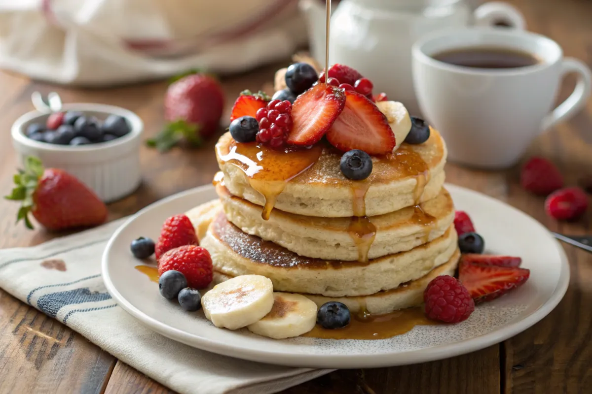 Fluffy pancakes with assorted toppings on a plate.