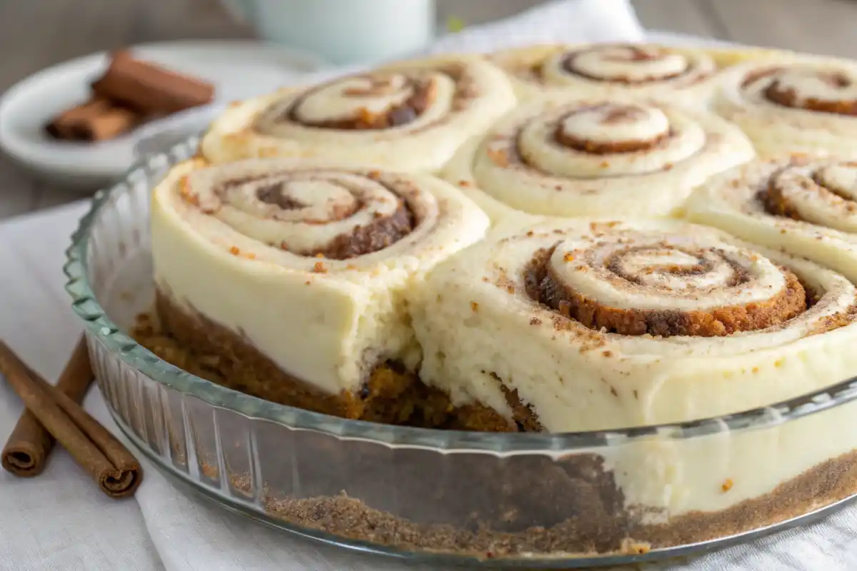 A slice of cinnamon roll cheesecake on a plate