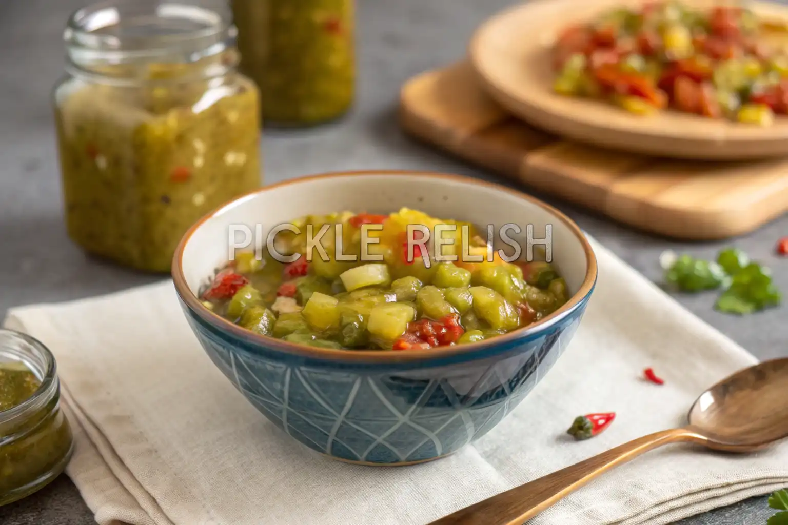 Pickle relish and chow chow jars on a wooden table