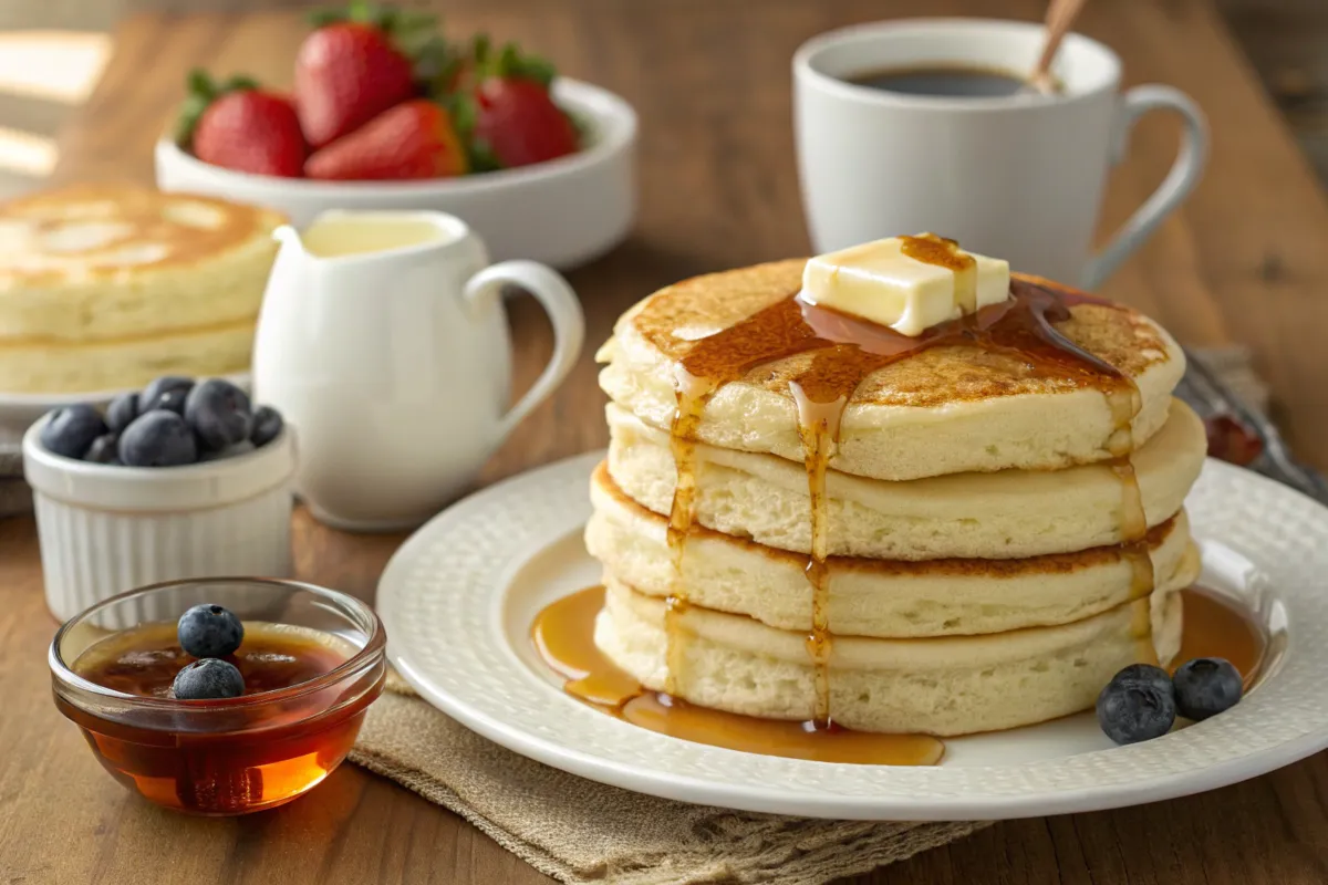 Delicious stack of pancakes and hotcakes on a breakfast table