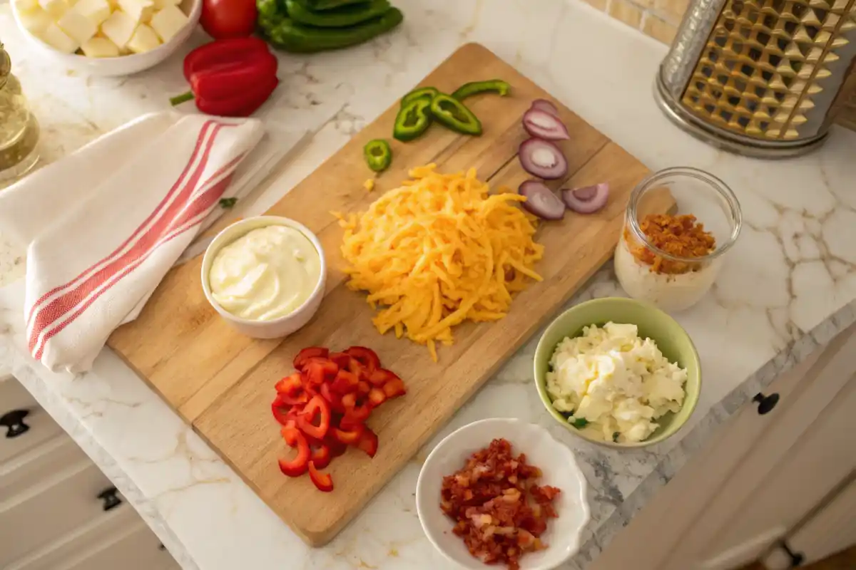 Chick-fil-A pimento cheese overhead view with cheddar and pimentos