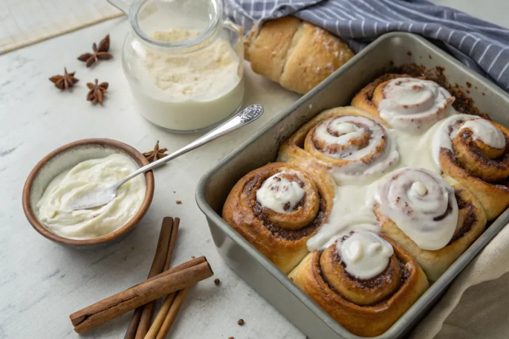 Why put heavy cream on cinnamon rolls before baking? Cinnamon rolls drizzled with cream.