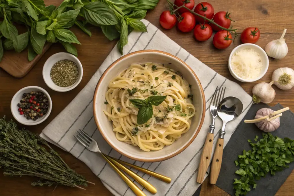 Alfredo pasta surrounded by herbs