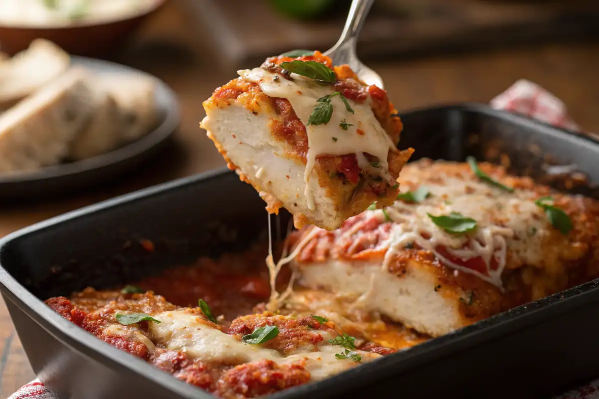 Chicken parmesan casserole in a baking dish with melted cheese