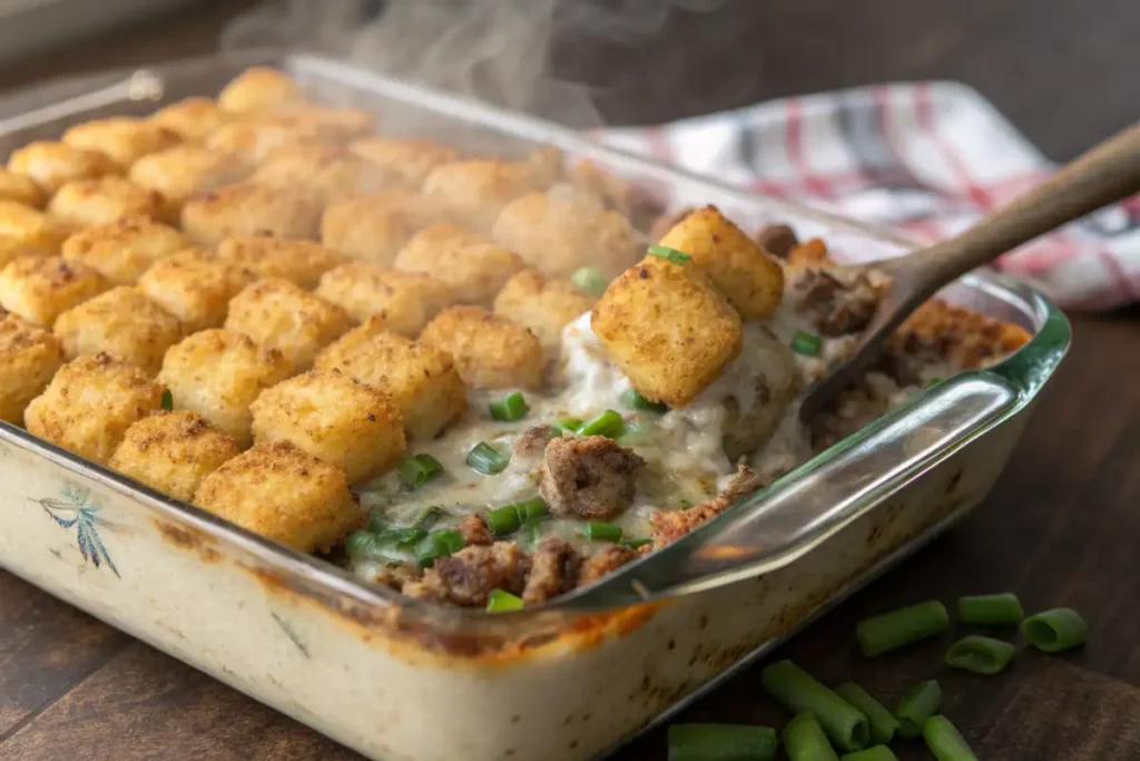 Steaming hotdish with golden tater tots and green onions in a glass baking dish.