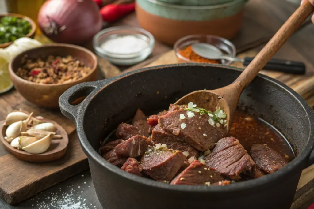 preparing tacos de lengua (Beef Tongue Tacos) in a kitchen