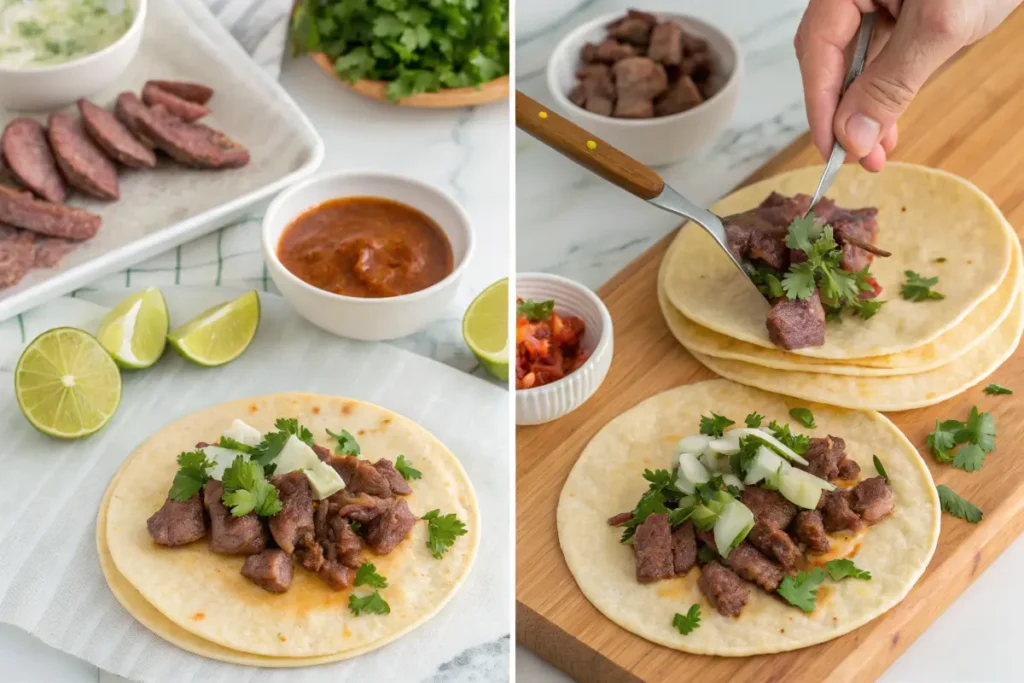 preparing beef tongue tacos on tortillas