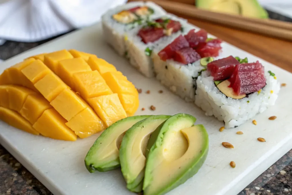 Cut mango and fish for honeymoon roll sushi