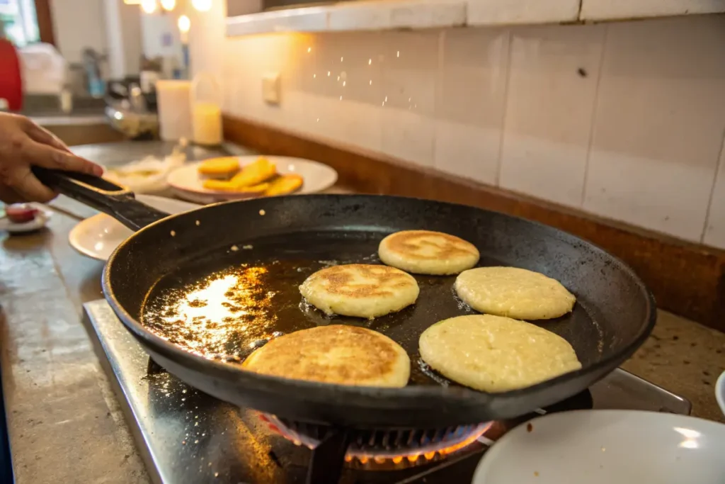 flipping arepa di pampuna on skillet