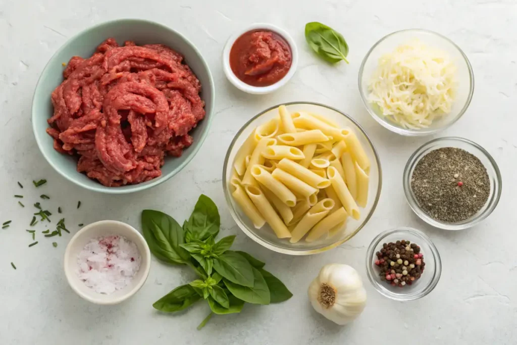  Ingredients for a traditional hotdish recipe, including ground beef, pasta, cheese, tomato sauce, and herbs, displayed from a top-down view.