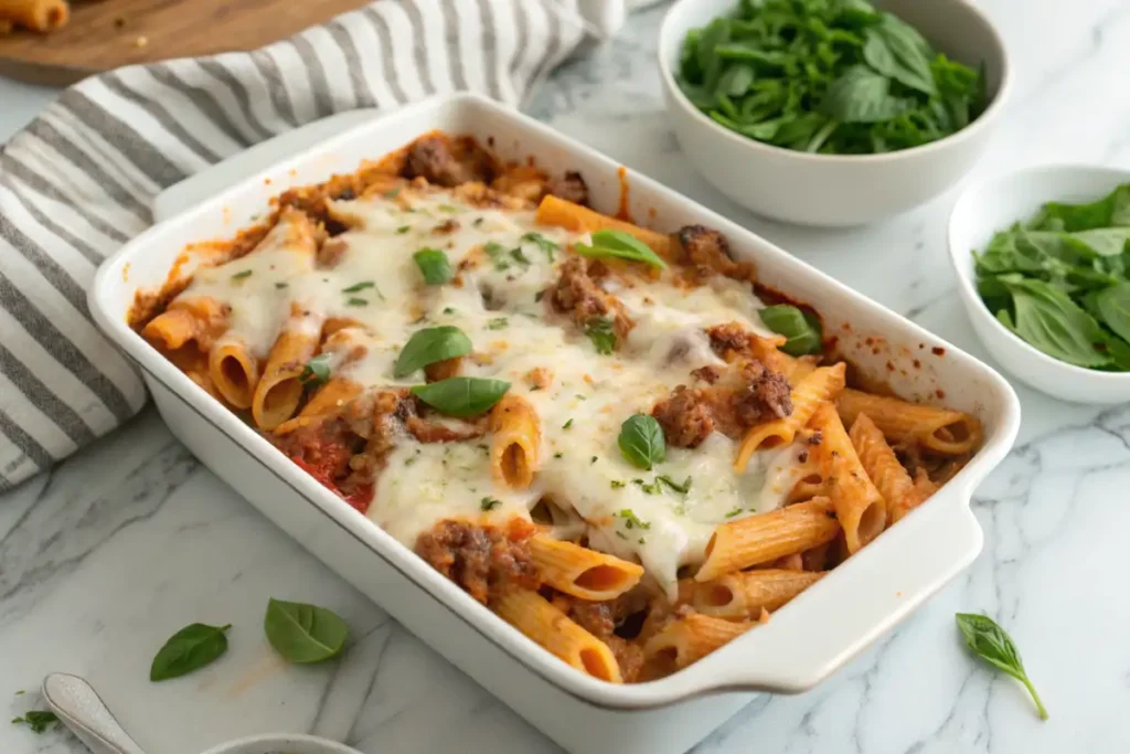 A freshly baked pasta and cheese casserole with ground meat, garnished with fresh basil, served in a white rectangular dish.