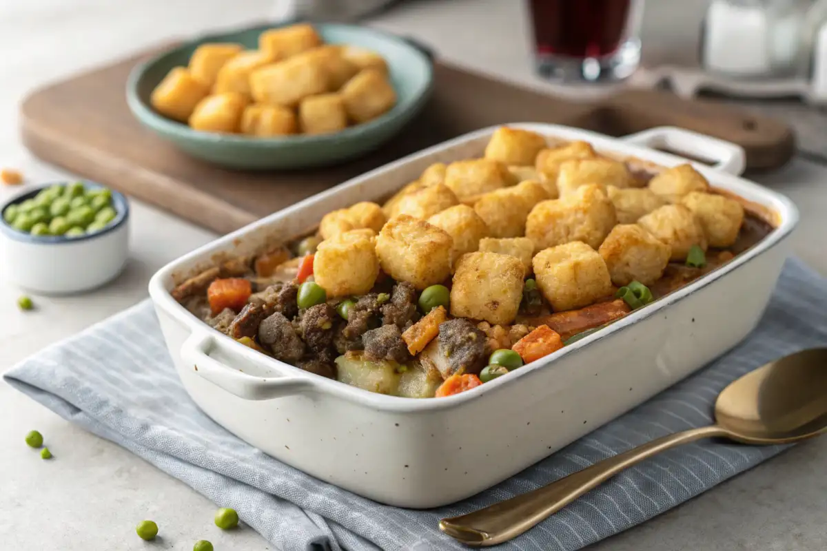 A freshly baked casserole dish of rick nolan hotdish recipe with Tater Tots on top.