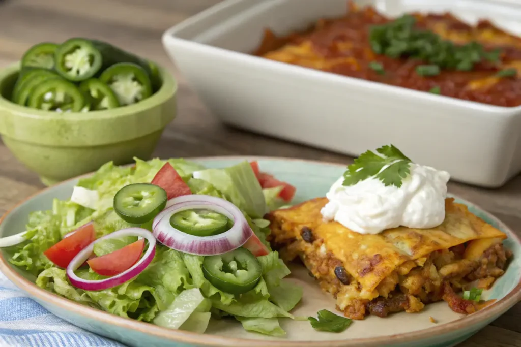 Sliced garnishes with taco casserole