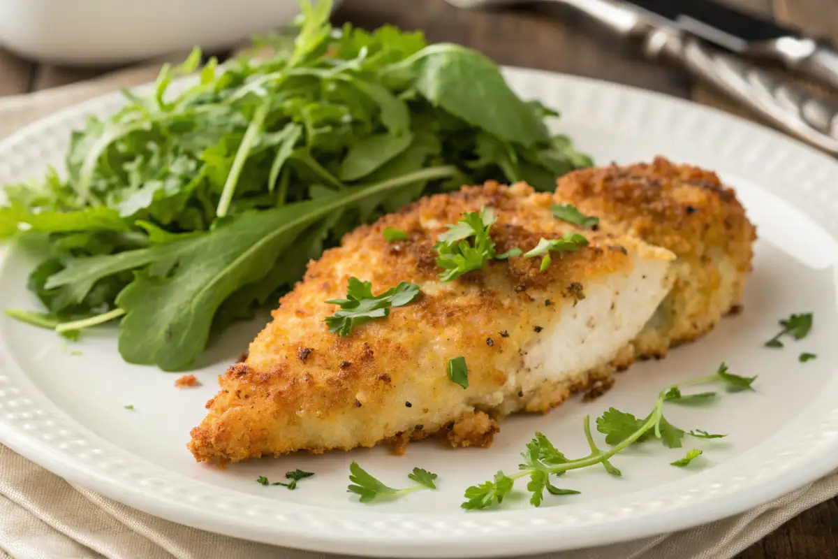 A golden-brown Parmesan Crusted Chicken breast topped with fresh herbs.