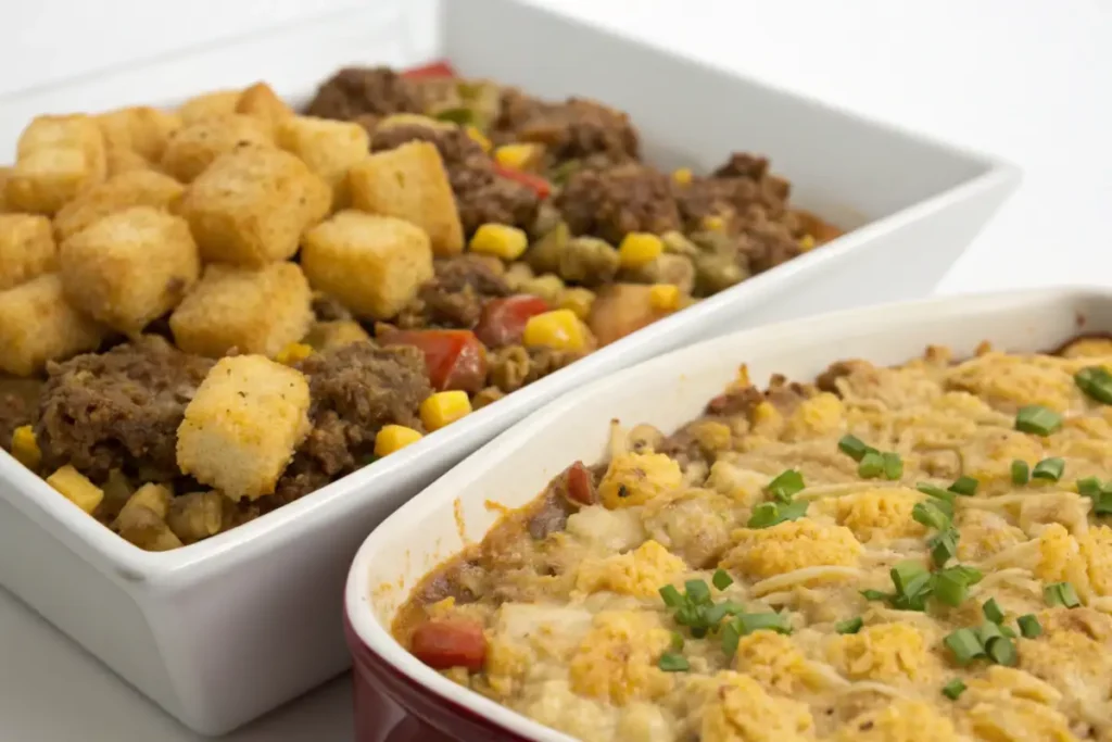 A hearty baking dish showing what is the difference between a hotdish and a casserole