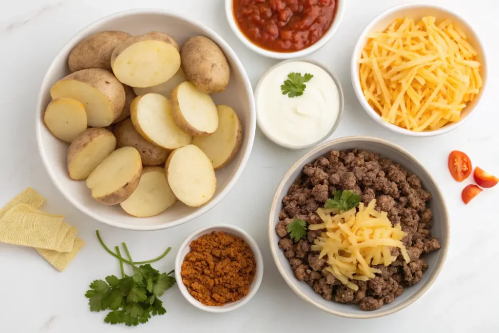 Layering taco spud casserole ingredients