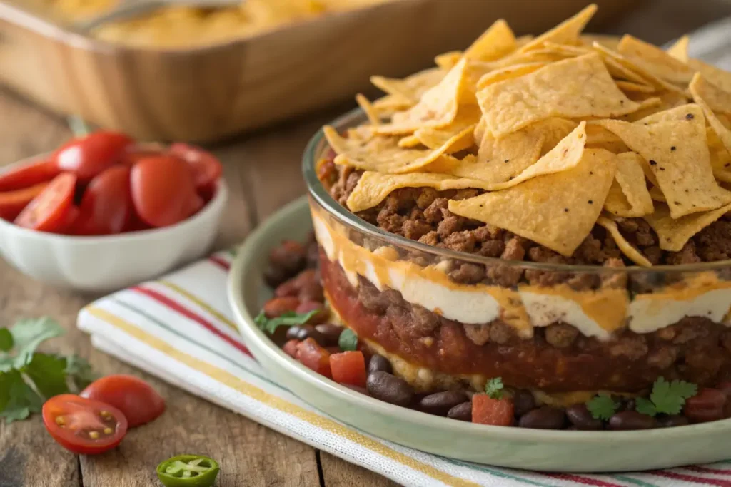 Layering taco casserole with fritos