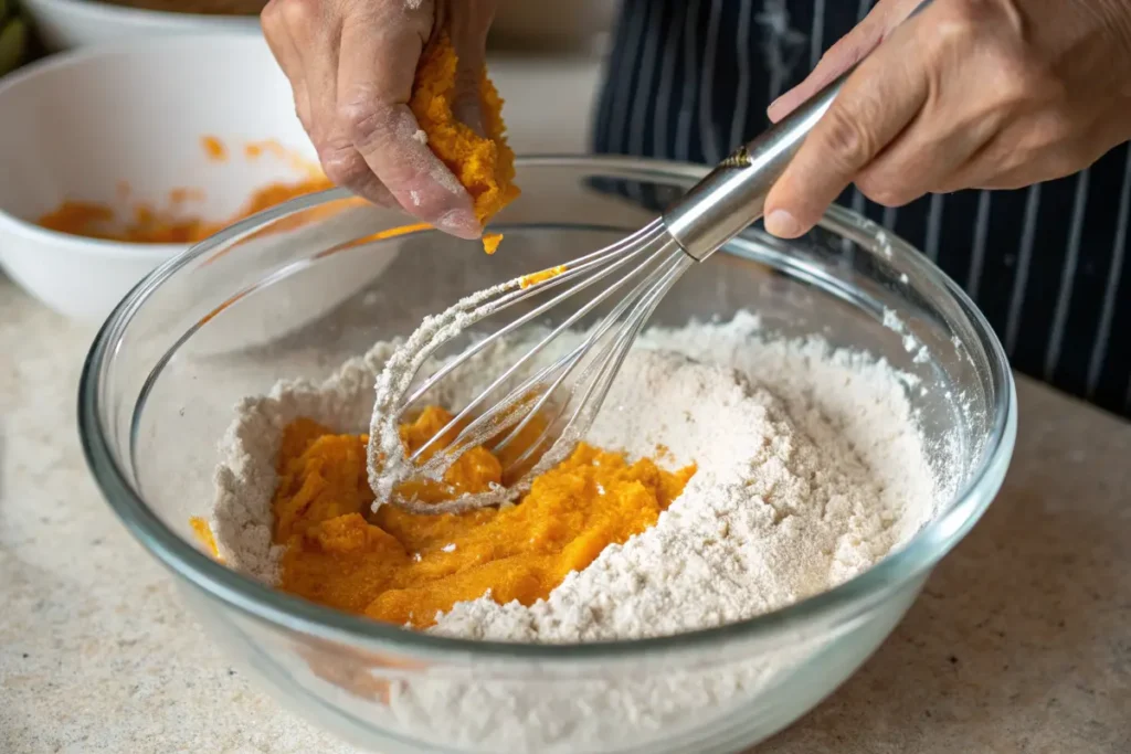 mixing arepa di pampuna batter