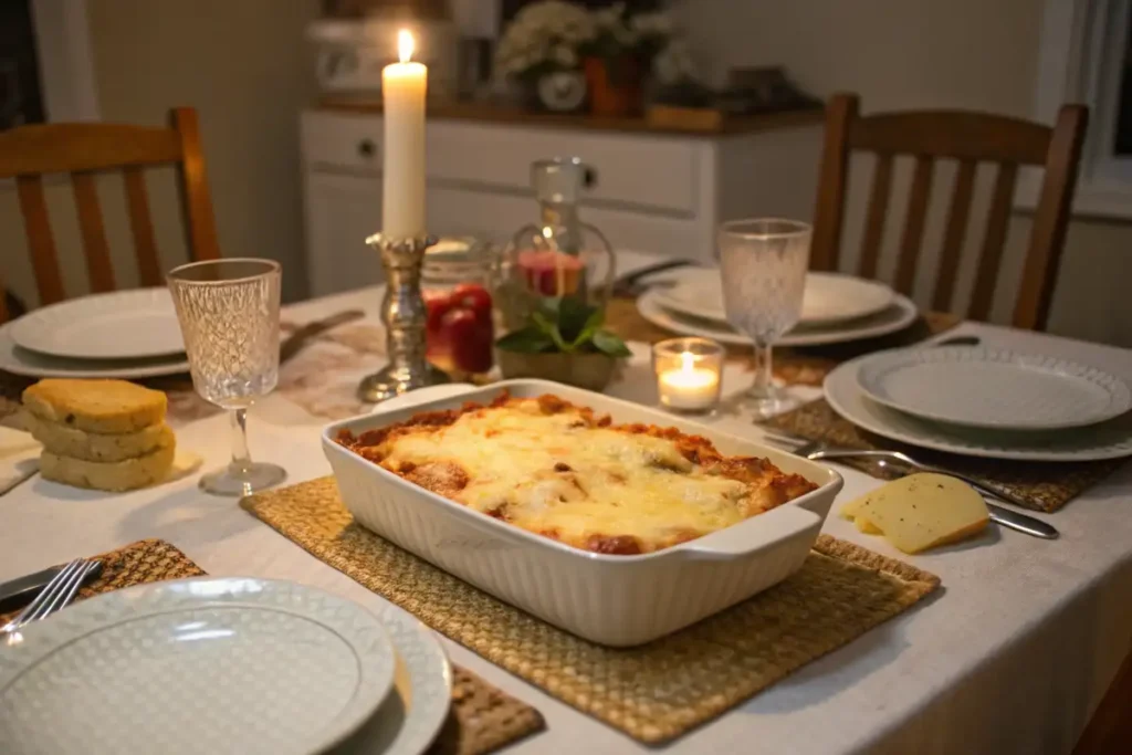 Golden-brown chicken parmesan casserole fresh out of the oven