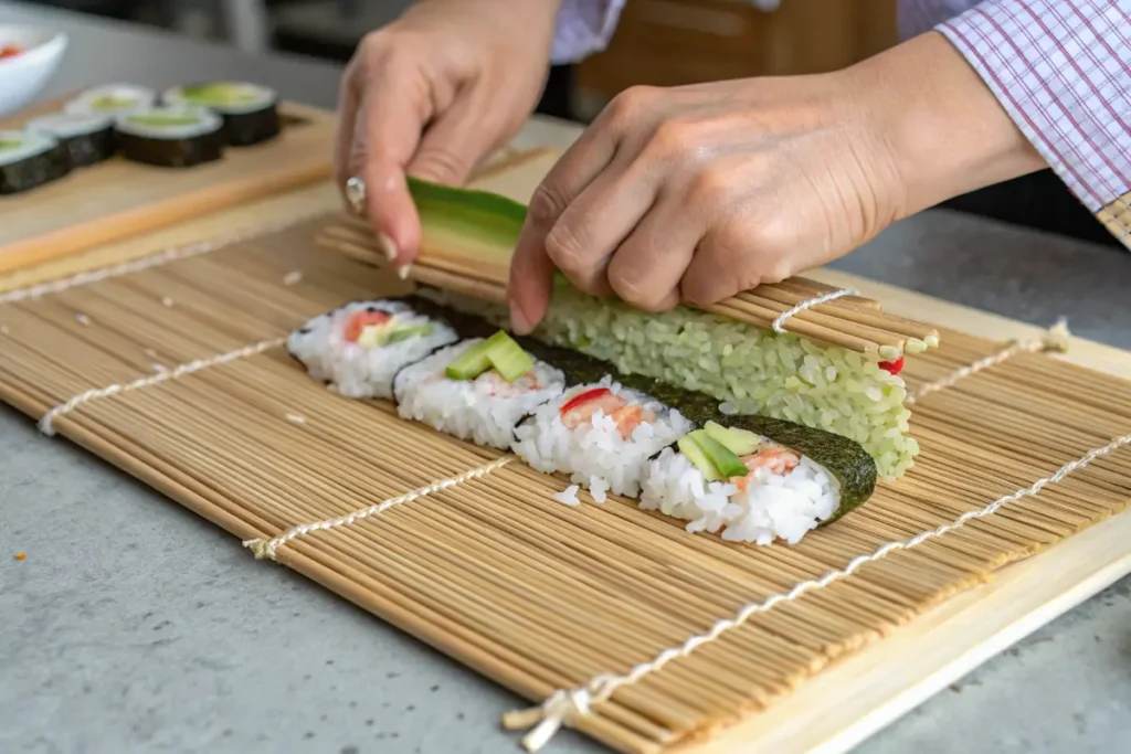 Making honeymoon roll sushi with bamboo mat