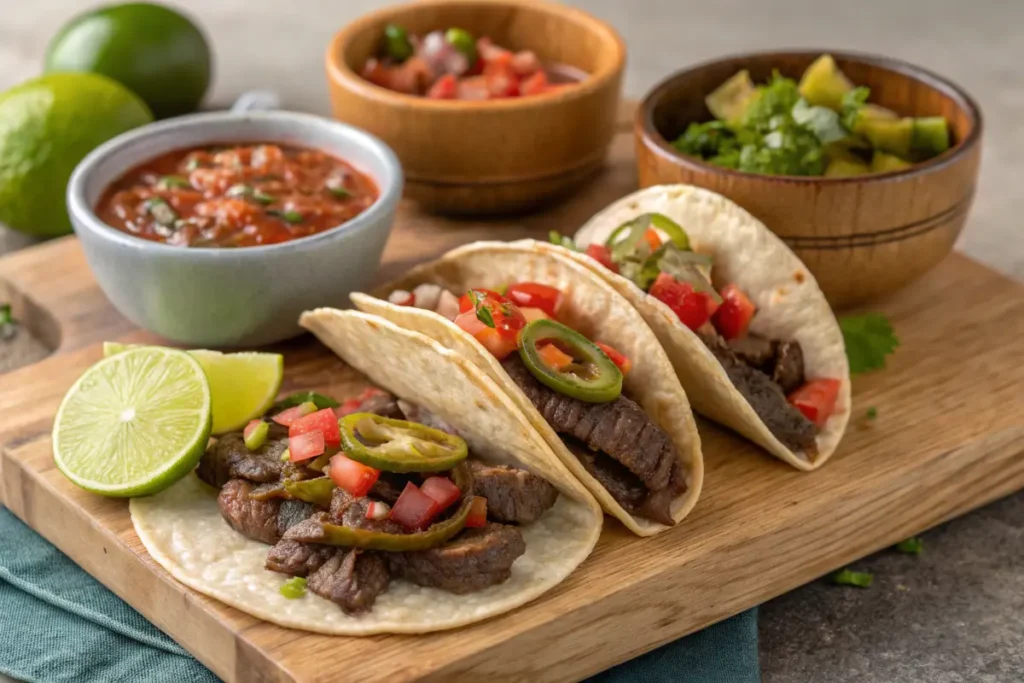 plated tacos de lengua (Beef Tongue Tacos) with sides