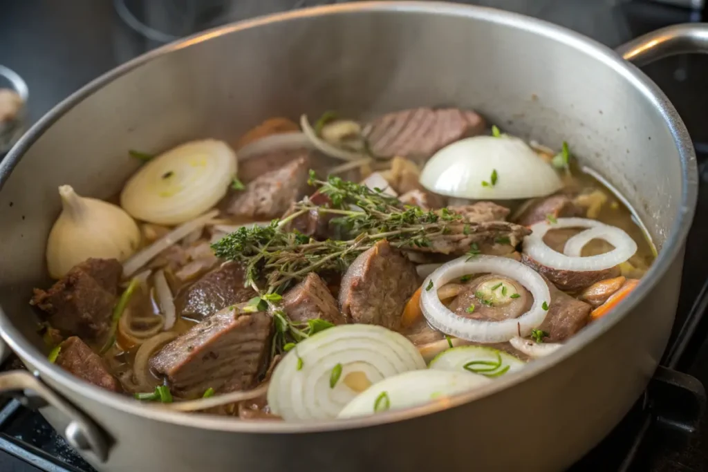 cooking beef tongue with onions and garlic