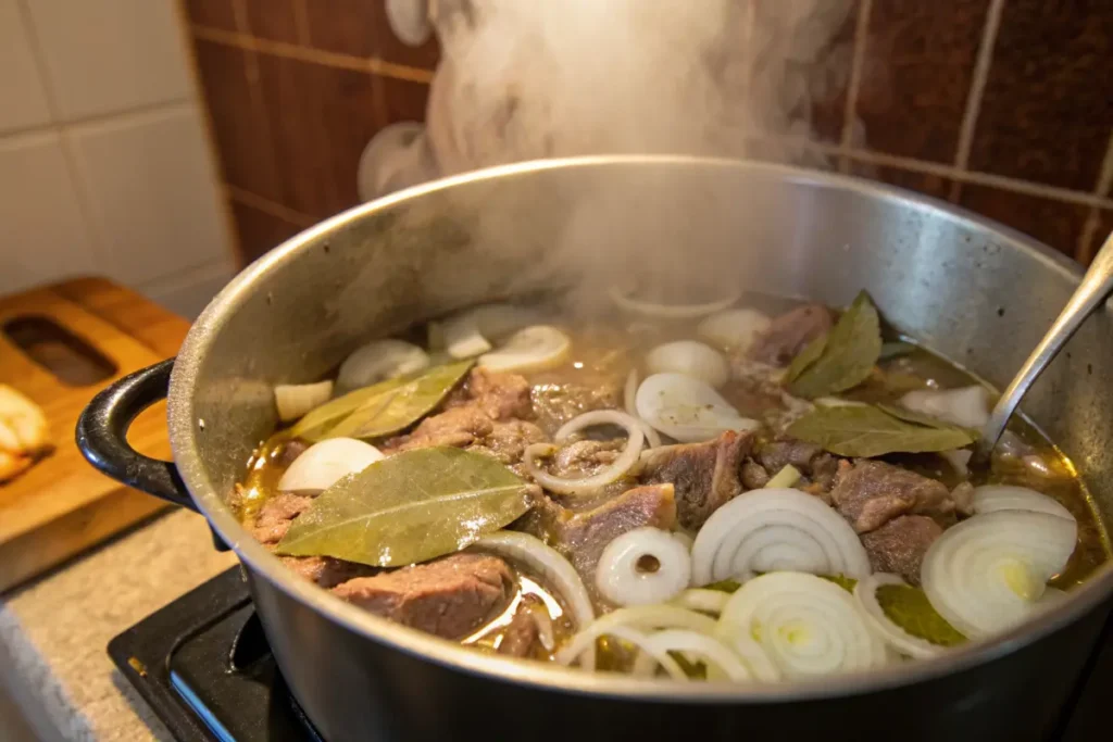 Cow tongue simmering in aromatic broth