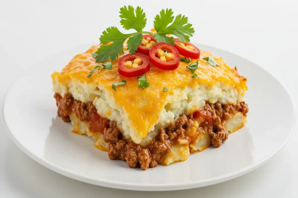 Plated slice of taco potato casserole