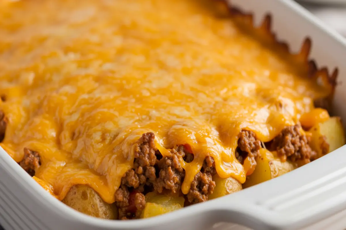 Steamy taco potato casserole with melted cheese