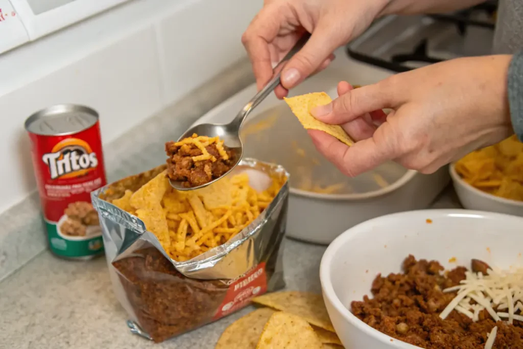 Assembling a Fritos walking taco