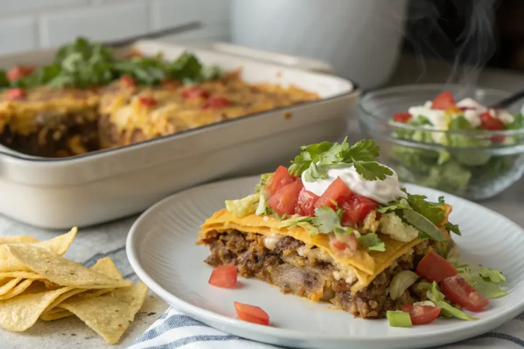 Finished taco casserole with fritos served