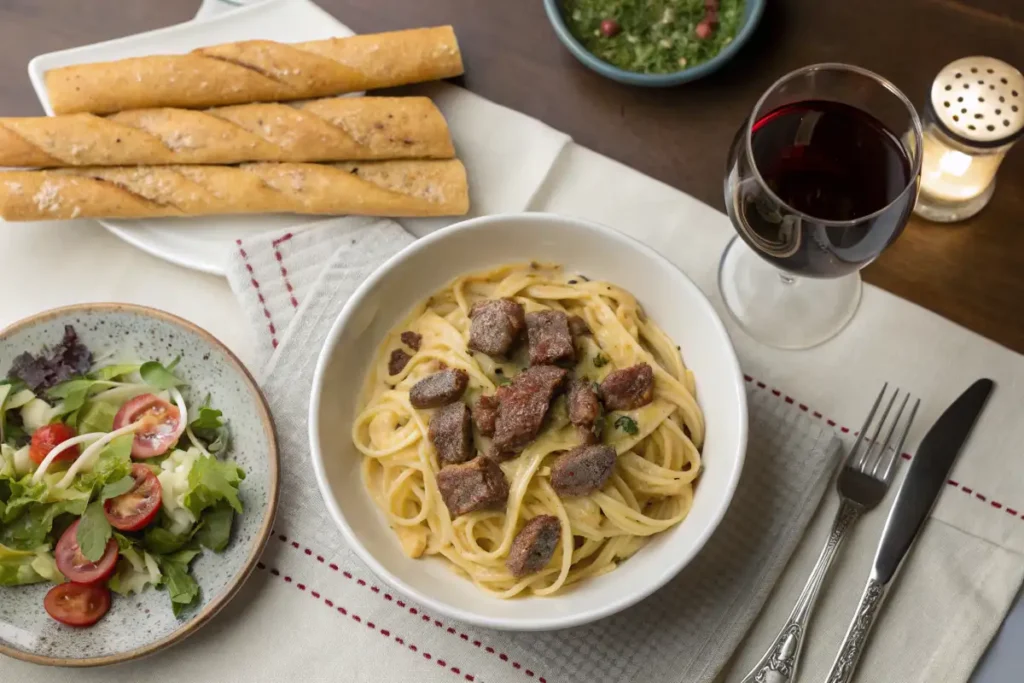 a plate of beef Alfredo