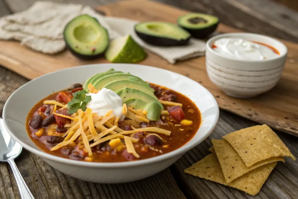 Taco soup garnished with fresh toppings