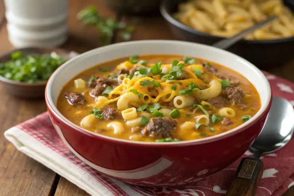 bowl of cheeseburger macaroni soup