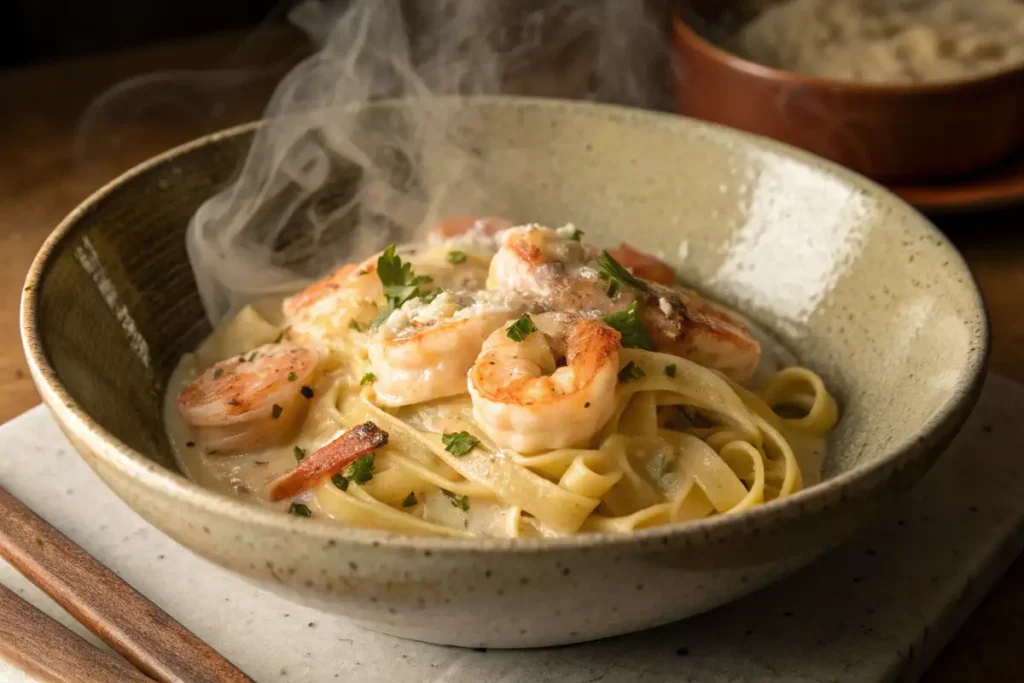 bowl of shrimp Alfredo