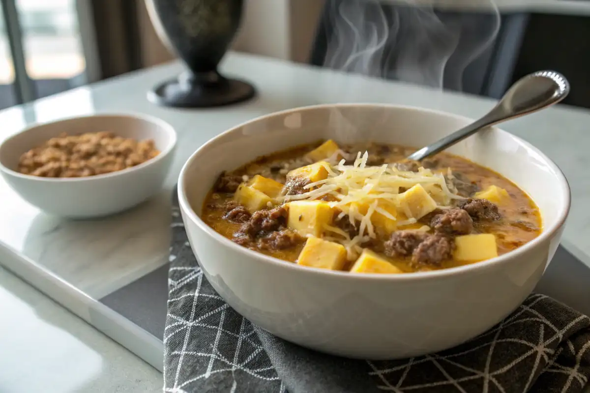 bowl of steaming cheeseburger soup