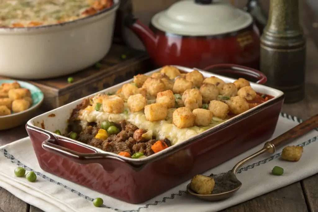 A freshly baked casserole featuring crispy tater tots on top, illustrating what is in hotdish?