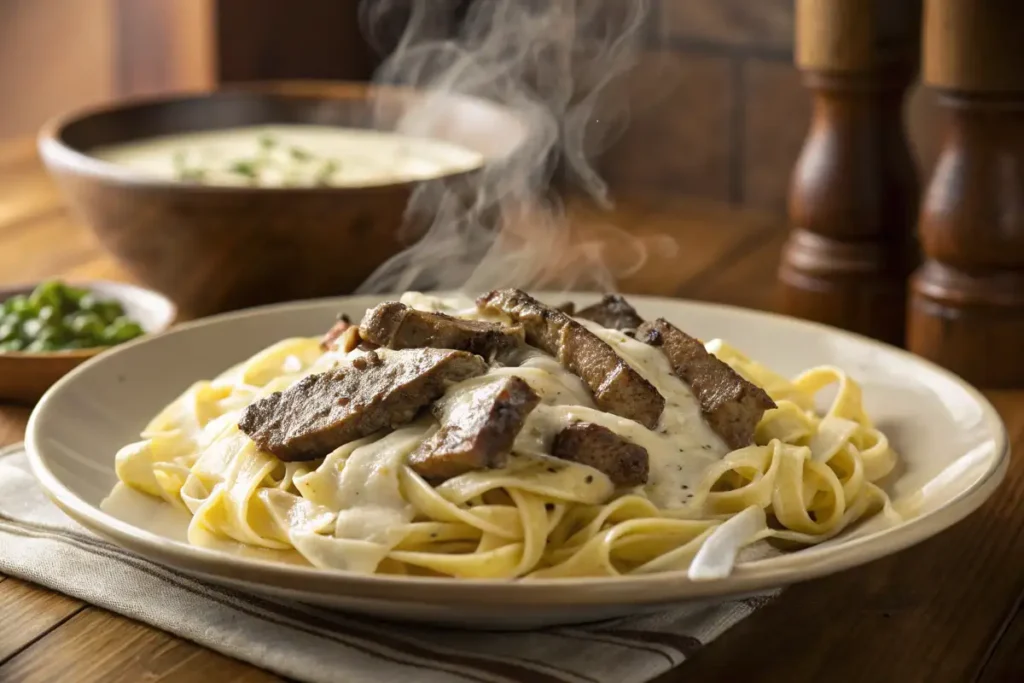 tender steak slices tossed with creamy Alfredo