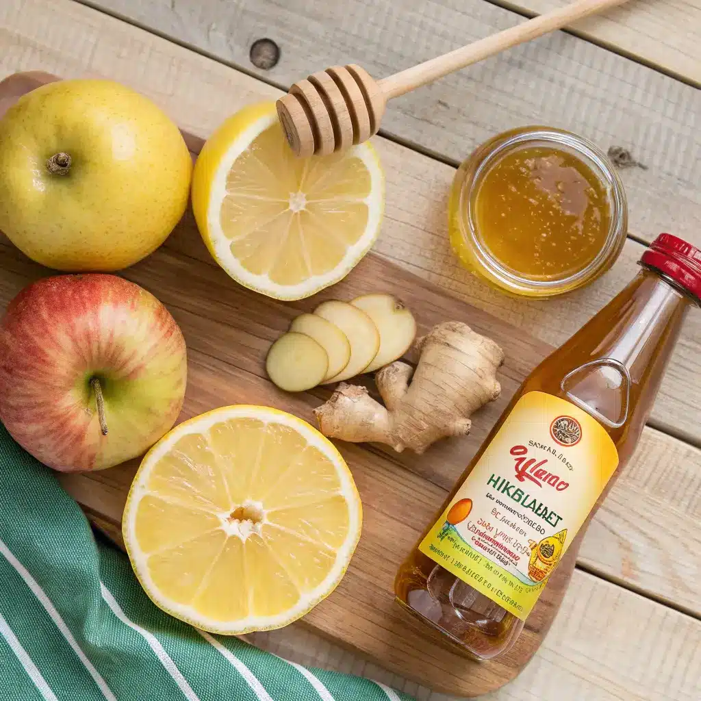 Flat lay of ACV, lemon, ginger, honey, and apples for Brazilian drink