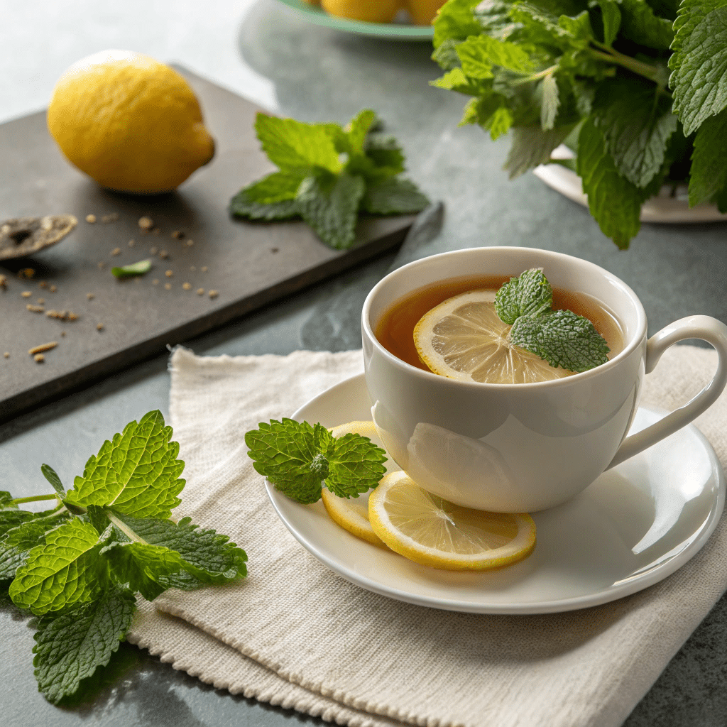 lemon balm tea recipe for weight loss in a rustic kitchen setting